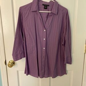 Lavendar Cotton Collared Button Down Top, 3/4 sleeve Blouse- Plus